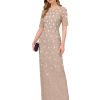 Women's Long Hand Beaded 3D Floral Dress with Elbow Sleeves