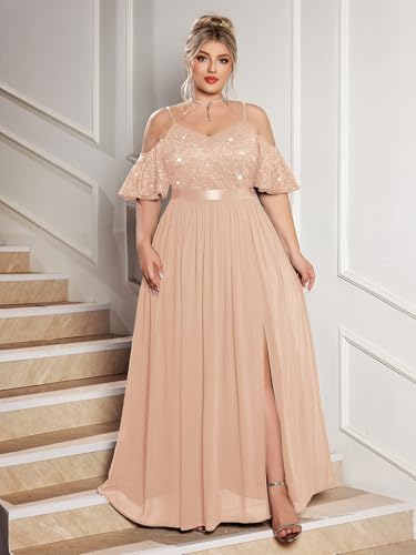 Women's Plus Size Sequins Lace Off Shoulder Short Sleeves Slit Formal Wedding Guest Chiffon Long Dress