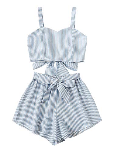 Women's 2 Piece Outfits Summer Sleeveless Tie Back Crop Cami Top and Shorts Set