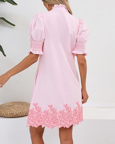 Women's Summer Embroidered Mini Dress Short Puff Sleeve Ruffle Collar Button Front Shift Dress