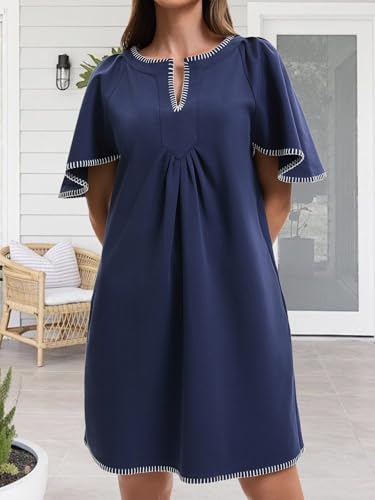 Women's Summer Flutter Short Sleeve A Line Mini Dress Casual Contrast Trim V Neck Short Dress with Pockets