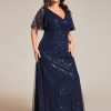 Women's V Neck Sequin Plus Size Ruffle Sleeves Long Formal Dresses 02120-DAPH