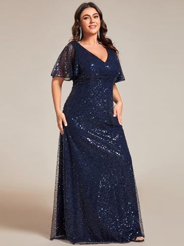 Women's V Neck Sequin Plus Size Ruffle Sleeves Long Formal Dresses 02120-DAPH