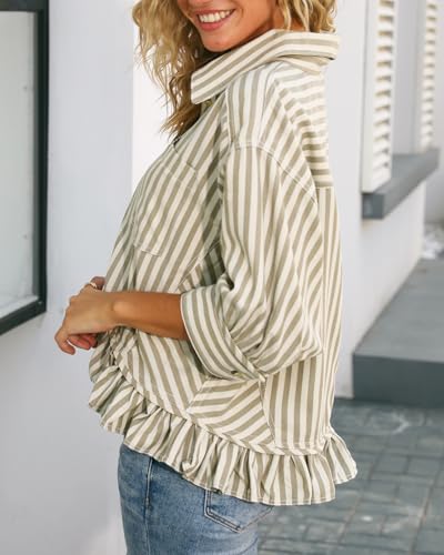 413R0Mse9wL.jpg Womens Summer Tops Dressy Casual Blouse Top Ruffled Short Sleeve Button Down Striped Shirt