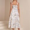 Floral Corset Midi Dress Lace Up Cutout Flowy Summer Wedding Guest Dresses for Women Sundress with Pockets