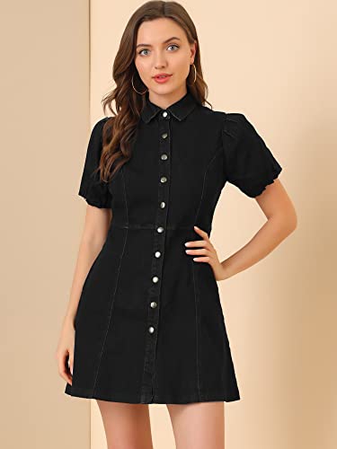 Women's Denim Dress Button Down Pockets Puff Sleeve Collared Jean Dresses