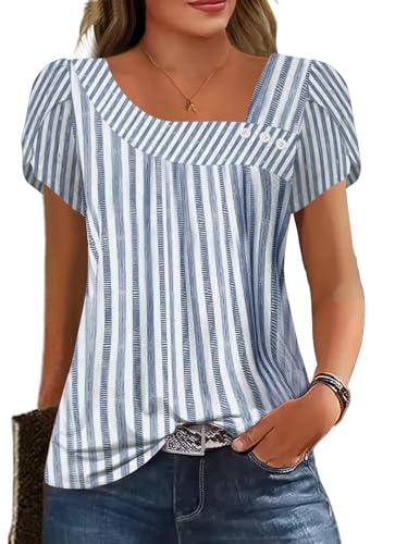 Womens Petal Sleeve Tops Summer Trendy T Shirt Casual Loose Square Neck Button Blouse Tees