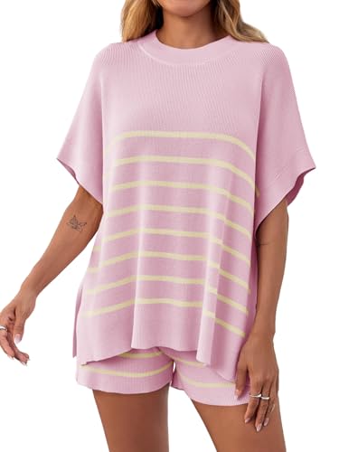 Women's Striped 2 Piece Outfits Oversized Batwing Short Sleeve Tops High Waisted Shorts Summer Knit Lounge Short Sets