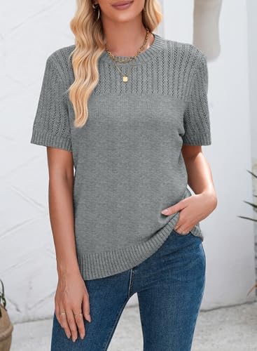 Womens Summer Tops Dressy Casual Crewneck Short Sleeve Shirts Solid Hollow Out Knit Loose Sweater Blouses