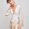 Dresses for Women Floral Print V Neck Long Sleeve High Waist Knotted Ruffle A Line Mini Dress