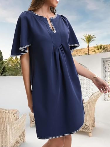 Women's Summer Flutter Short Sleeve A Line Mini Dress Casual Contrast Trim V Neck Short Dress with Pockets