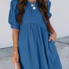 Womens Summer Crewneck Puff Sleeve Babydoll Elegant Empire Waist Mini Swing Skater Dresses with Pockets