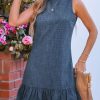 Womens Summer Dresses Sleeveless Tie Back High Crew Neck Ruffle Mini Short Dress