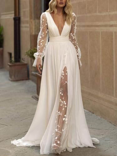 Long Sleeves Wedding Dresses for Bride Lace Chiffon A Line Long Beach Bridal Dress for Women