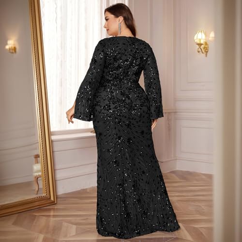 Plus Size Formal Dresses for Women with Embroidery Sequin and Cape Sleeve, V-Neck Maxi Dress for Wedding and Party