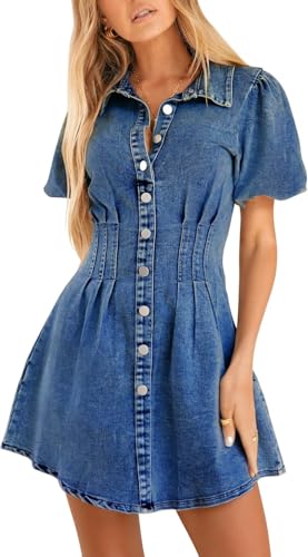 Summer Denim Dress for Women Puff Sleeve Slim Fit Jean Dresses for Women 2025 Casual