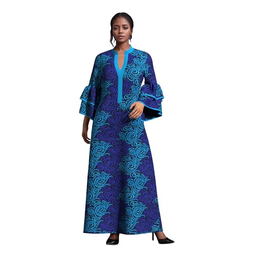 Womens Double Layered Bell Sleeve African Maxi Dress Ankara Wedding Party Dress