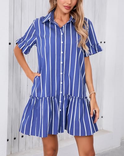 Women's Cotton Linen Ruffle Mini Dress Short Sleeve Button Down Drop Waist Tunic Shirt Dress