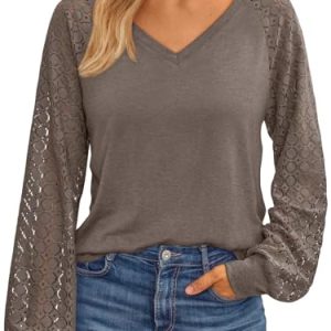 Womens Long Sleeve Shirts V-Neck Lace Tops Business Casual Blouses Tee Trendy 2025 Fall Fashion Outfits Clothes