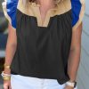 Womens Ruffle Color Block Tank Tops Summer Casual Dressy V Neck Pleated Blouse Loose Fit Sleeveless Shirts