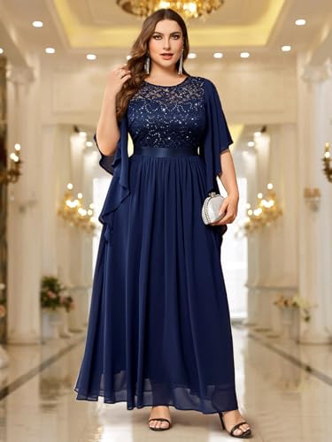 Women's Plus Size Sequin Lace with Ruffle Cape Cloak Sleeves Elegant Evening Wedding Party Maxi Dress
