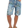 High Waisted Bermuda Shorts for Women Knee Length Floral Print Stretchy Summer Denim Shorts Trendy