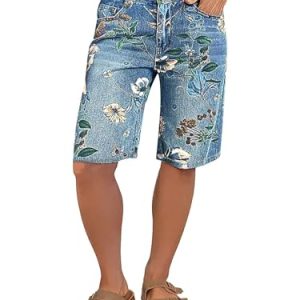 High Waisted Bermuda Shorts for Women Knee Length Floral Print Stretchy Summer Denim Shorts Trendy