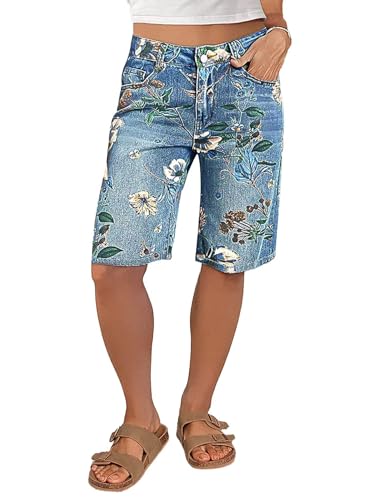 High Waisted Bermuda Shorts for Women Knee Length Floral Print Stretchy Summer Denim Shorts Trendy