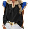 Womens Ruffle Color Block Tank Tops Summer Casual Dressy V Neck Pleated Blouse Loose Fit Sleeveless Shirts