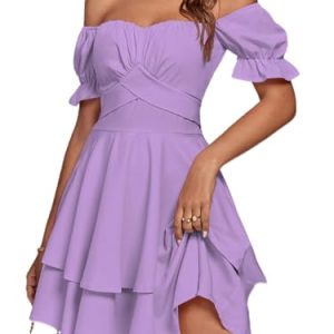 Women's Tie Back Off Shoulder Wrap Layer Ruffle Short Sleeve Mini Dress