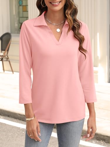41Lqnnq2XeL.jpg Womens V Neck Polo Shirts 3/4 Sleeve Collared Tops Business Casual Summer Tops Trendy Loose