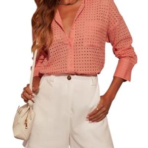 Women's Casual Button Down Shirts Dressy Hollow Out Long Sleeve Blouses Tops with Pockets