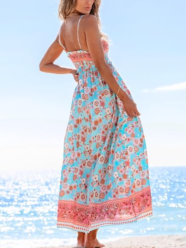 Women's Maxi Dress Ditsy Floral Smocked Summer Sundress Sleeveless Ruffled Spaghetti Straps Long Beach Formal Dress