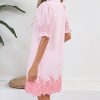 Women's Summer Embroidered Mini Dress Short Puff Sleeve Ruffle Collar Button Front Shift Dress