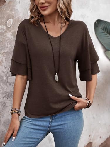 Womens Top Ruffle Sleeve Blouses V Neck T Shirts Casual Outfit Bell Sleeve Tee Spring Fall Summer Fashion Clothes Cute Tunic