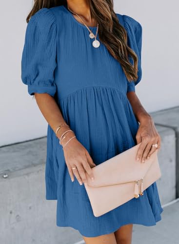 Womens Summer Crewneck Puff Sleeve Babydoll Elegant Empire Waist Mini Swing Skater Dresses with Pockets