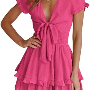 Women Summer Mini Short Dress 2025 Short Sleeve Casual Beach Vacation Sundress V Neck Tiered Sun Dresses