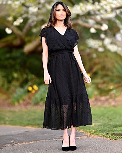 Women Summer Bohemian Floral Casual Wrap V Neck Ruffle Cap Sleeveless Belt A-Line Pleated Hem Midi Sun Dress White