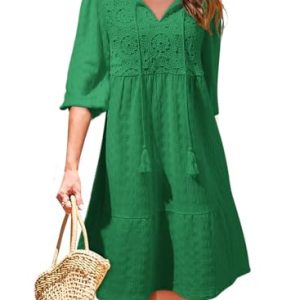 Womens Dresses Summer V Neck Drawstring Embroidered Half Sleeve Mini Dress Boho Dresses for Women 2025 Sundresses