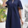 Women's Summer Flutter Short Sleeve A Line Mini Dress Casual Contrast Trim V Neck Short Dress with Pockets