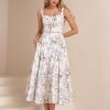 Floral Corset Midi Dress Lace Up Cutout Flowy Summer Wedding Guest Dresses for Women Sundress with Pockets