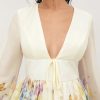Dresses for Women Floral Print V Neck Long Sleeve High Waist Knotted Ruffle A Line Mini Dress