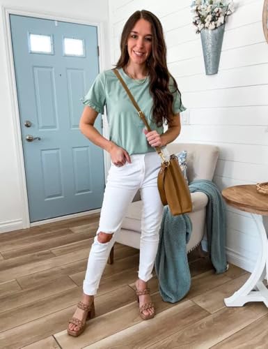 Women's Short Sleeve Casual T Shirts Summer Ruffle Plain Round Neck Loose Fit Tee Blouse Tops