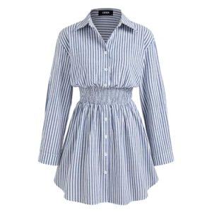 Shirt Dress for Women Casual Collar Neck Striped Button Mini Long Sleeve High Waist Cotton-Blend Dress