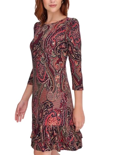 Women's 3/4 Sleeve High Neck Ruffle Trim Jersey Mini Dress