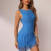 Women's Fringe Sleeveless Mini Dress Crew Neck Bodycon Knit Party Club Dresses