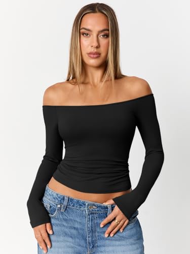 Womens Long Sleeve Off The Shoulder Tops Going Out Cute Basic Y2K Fall Fashion 2025 Outfits Clothes