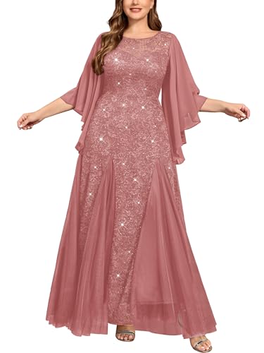Women's Plus Size Sequins Lace with Ruffle Cape Cloak Sleeves Tulle Mermaid Hemline Evening Prom Long Dress