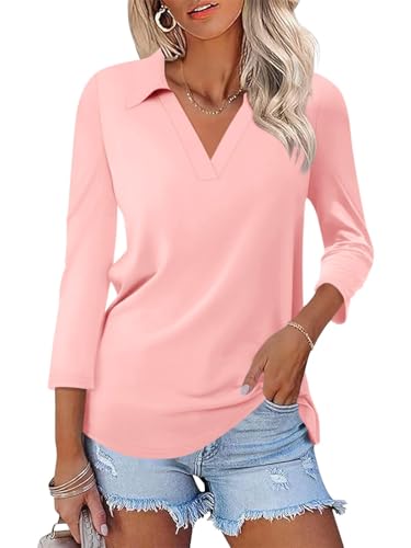 41W43aeUN8L.jpg Womens V Neck Polo Shirts 3/4 Sleeve Collared Tops Business Casual Summer Tops Trendy Loose