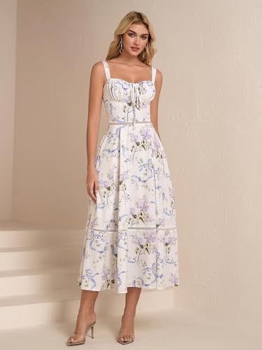 Floral Corset Midi Dress Lace Up Cutout Flowy Summer Wedding Guest Dresses for Women Sundress with Pockets